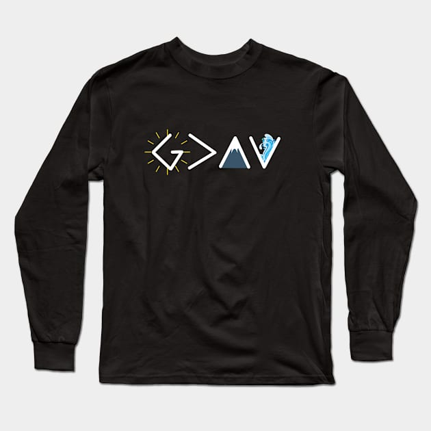 God is greater than the highs and the lows from Romans 8:28, white text Long Sleeve T-Shirt by Selah Shop